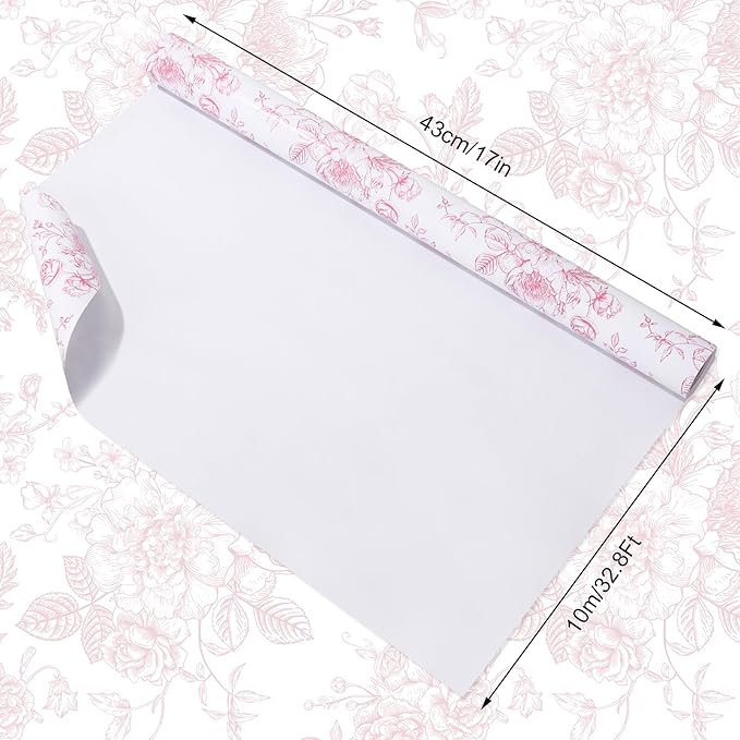 JarThenaAMCS Floral Wrapping Paper Mini Roll 17in x 32.8Ft Pink White Flowers Gift Wrap Paper for Birthday Wedding Baby Shower Party Wrapping Supplies
