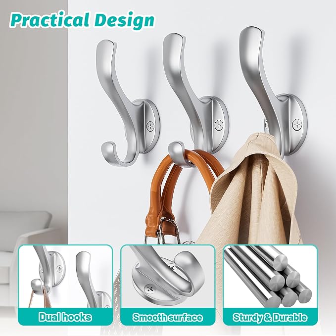 Coat Hooks Heavy Duty - Easy to Install Metal Towel Hooks Fashionable Wall Hooks for Hanging Hat, Towel, Key, Robe, Scarf, Bag, Cap (10 PCS Silver)