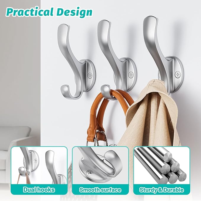 Coat Hooks Heavy Duty - Easy to Install Metal Towel Hooks Fashionable Wall Hooks for Hanging Hat, Towel, Key, Robe, Scarf, Bag, Cap (4 PCS Silver)