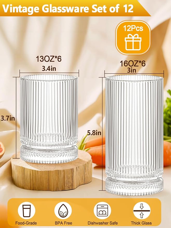 Ribbed Glassware Vintage Drinking Glasses 12Pcs - 6 Ribbed Tall Glasses 16Oz And 6 Ribbed Short Glasses 13Oz, Clear Glassware For Coffee, Cocktails, Smoothies, Juice, Beer, Water