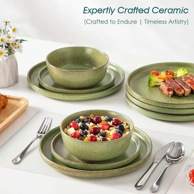 vancasso Plates and Bowls Sets, 18 Pieces Stoneware Dinnerware Set for 6, Ceramic Dish Set for Kitchen, Microwave and Dishwasher Safe, Mossy Green, Series ZERMATT