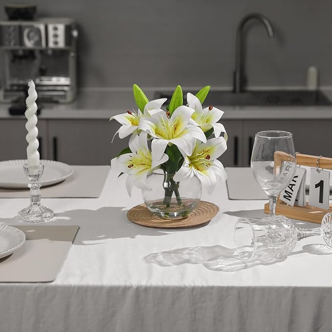 Artificial Flowers Tiger Lily Arrangement in Glass Vase Real Touch Silk Flowers White Lilies with Faux Water for Office Home Table Wedding Decor