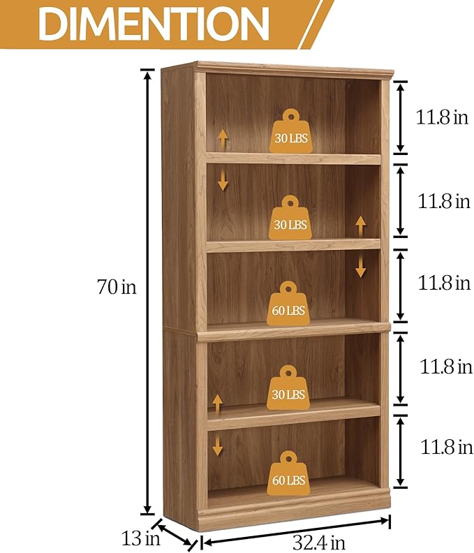 blini 5-Shelf Tall Bookcase Wooden Bookshelves 33in Wide Floor Standing Display Storage Book Shelves 70 in Oak Bookcase for Home Office, Living Room, Bed Room
