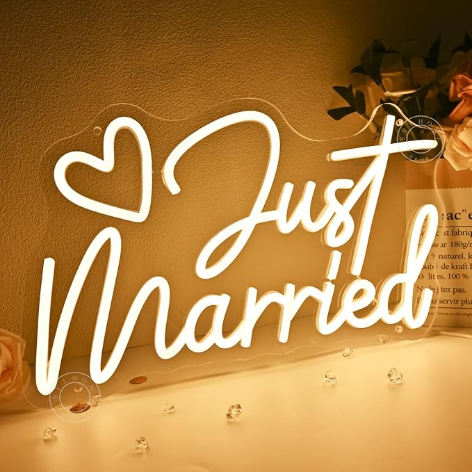 SYLHOME Just Married Led Neon Light Sign Heart Wedding Bridal Shower Backdrop Bedroom Wall Sign Decor Engagement Proposal Party Light Up Sign 15.75" X 9.25" USB