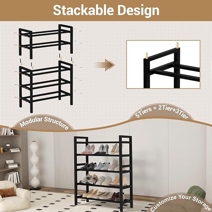 Haddockway Bamboo Shoe Rack for Closet, Free Standing Shoe Organizer with Smooth Round Rods & Convenient Handles, Stackable Shoe Storage Shelf for Entryway, Hallway(Black, 5-Tier(Small))