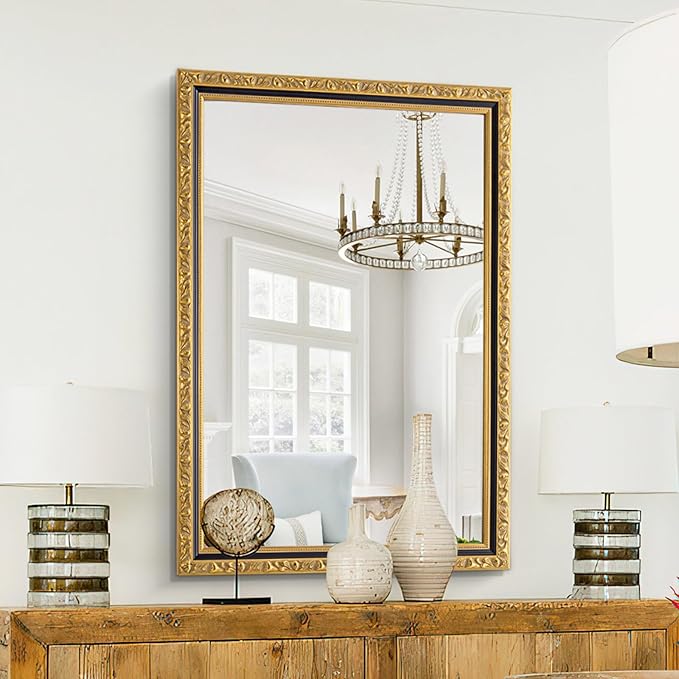 Vintage Gold Baroque Mirror, 40'' x 28'' Rectangular Ornate Antique Mirror with Carving Wood Frame, Decorative Wall Mirrors for Living Room, Bathroom, Entryway, Fireplace, Horizontal/Vertical