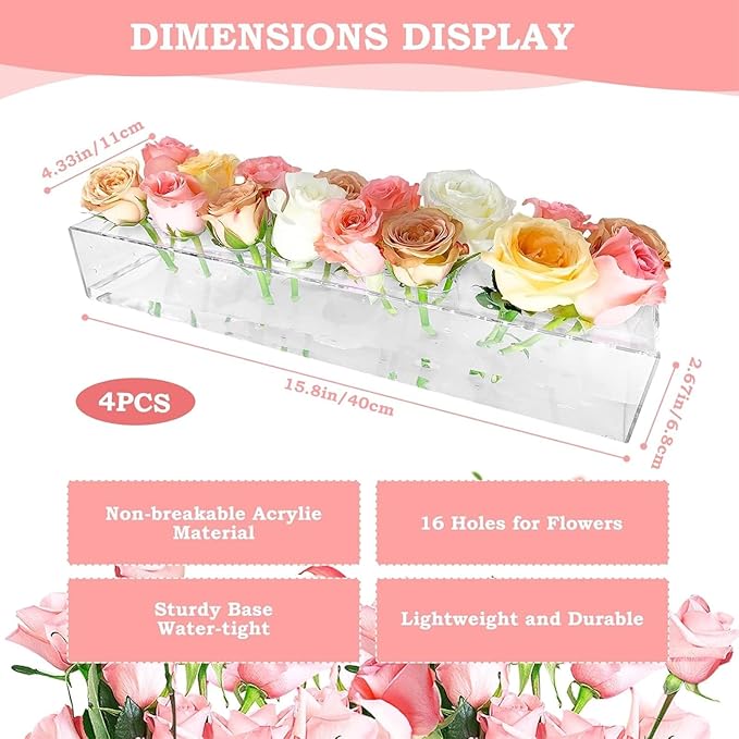 4Pcs Acrylic Flower Vase with 64 Holes,63 inch Decorative Long Clear Vase Modern,Rectangular Acrylic Vases Clear Floral Centerpiece for Dining Table Reception Home Party Decorations