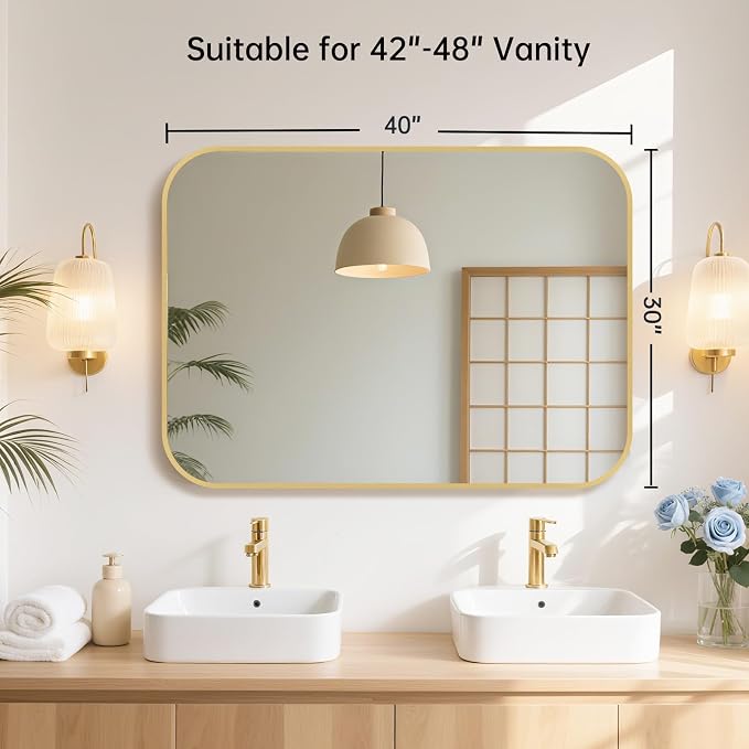 40x30 Inch Gold Bathroom Mirror, Brushed Gold Metal Framed Rectangular Mirror with Rounded Corner, Bathroom Vanity Mirror for Bedroom or Living Room, Horizontal/Vertical