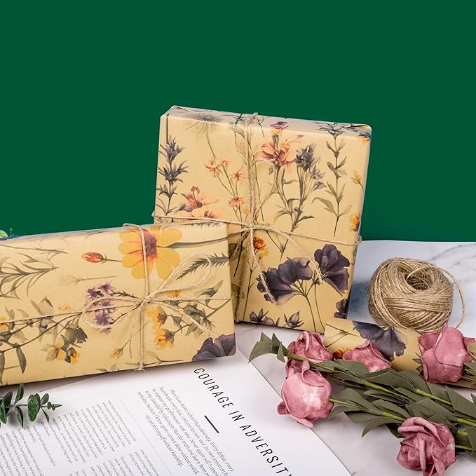 Altarho Kraft Floral Wrapping Paper Roll For Women Girls Wild Flower Design Gift Wrap for Birthday Wedding Mothers Day Bridal Shower Engagement Total 28.5sq.ft