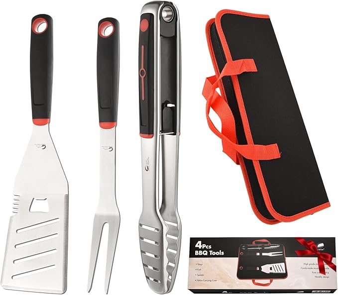 CuCut BBQ Tools Set, 4 PCS Heavy Duty Stainless Steel Spatula, Fork, Tongs with Portable Bag, Essential Accessories for Barbecue Outdoor Grill, Grilling Gifts for Men Dad Camp Chef