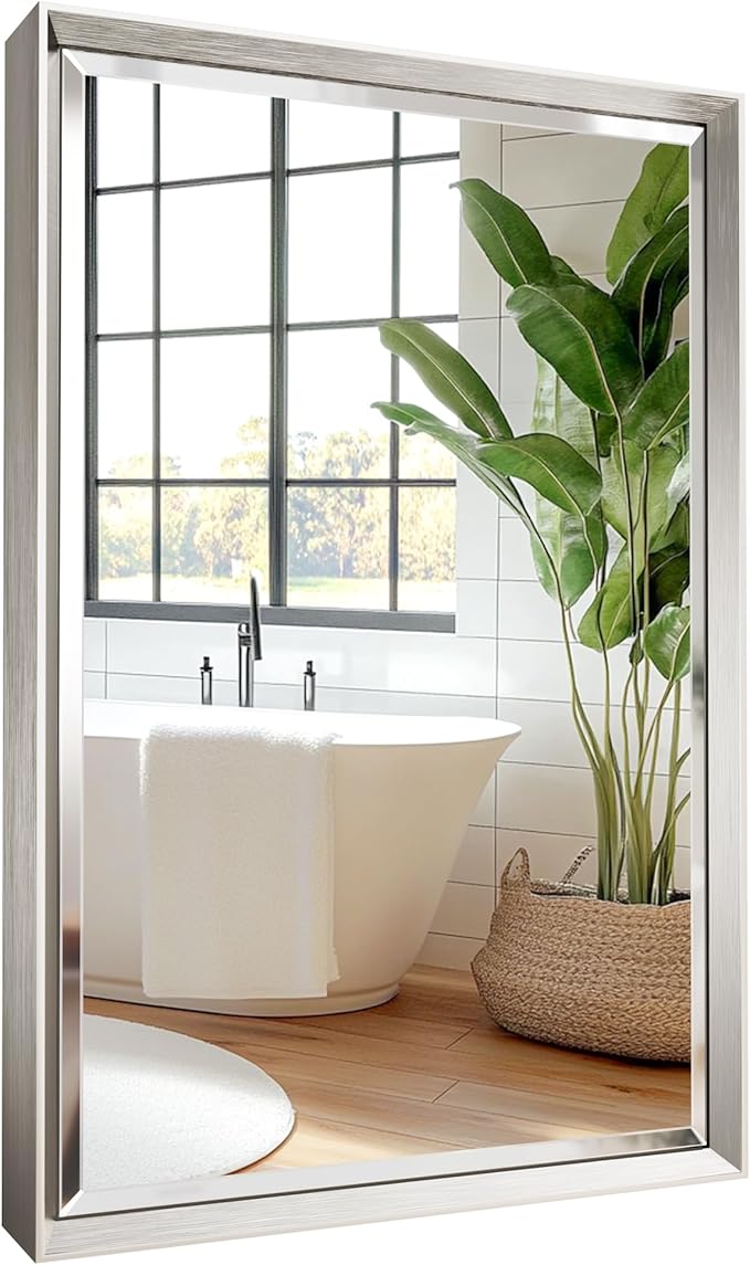 Brushed Nickel Bathroom Mirror, 16''x 24'' Beveled Bathroom Mirror Brushed Nickel, Rustproof Rectangle Framed Mirror for Home Decor, Vertical/Horizontal