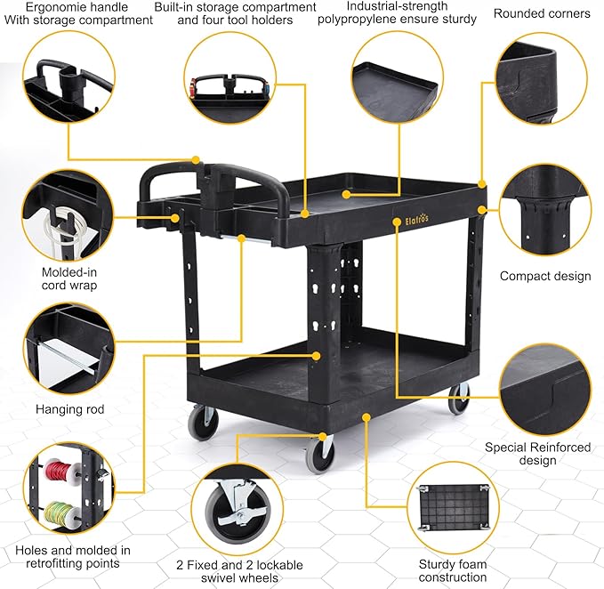 ELAFROS Extra Large Heavy Duty Plastic Utility Work Cart 43.5 x 24.6 Inch – 2 Tier Work Cart with Deep Tub Shelves, Ergonomic Handle, 5 Inch Casters, 550 lbs Capacity, Black