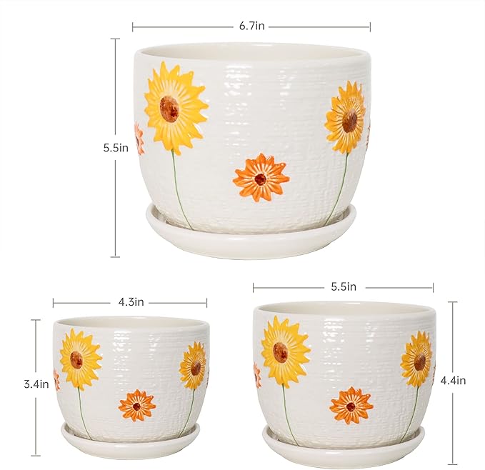 Ton Sin Ceramic Plant Pots for Indoor Houseplants, Cute Decorative Flower Planters with Drainage Holes & Matching Saucers, Hand-Painted Yellow Sunflower Design, 6.7/5.5/4.3 Inch Sizes