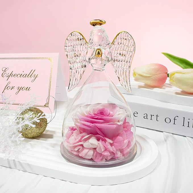 Sunia Preserved Flower Rose Gift for Women - Mother's Day Birthday Gifts for Mom Wife Grandma, Glass Angel Figurines Forever Real Roses Gifts for Her Valentine Day Thanksgiving﻿ (Gradient Pink)