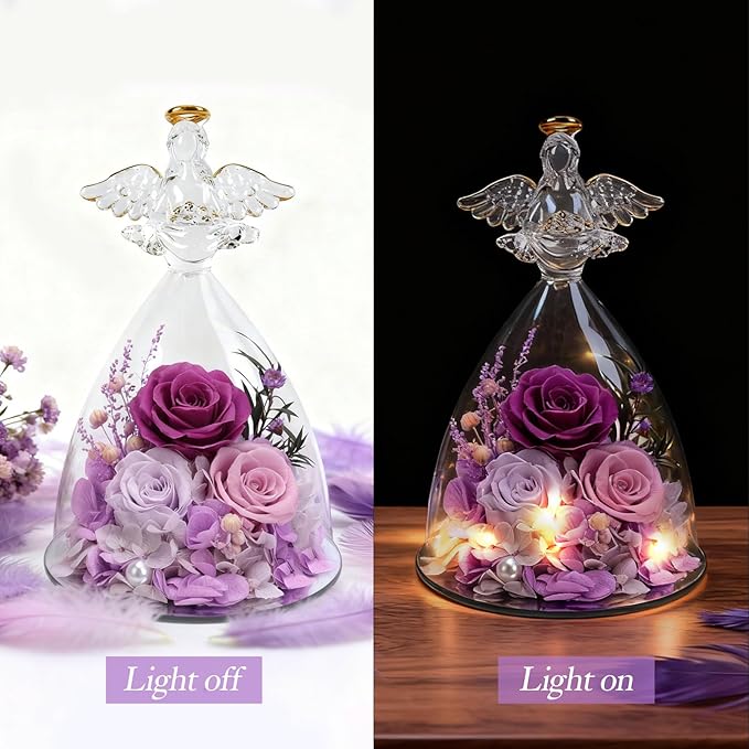 Christmas Rose Gifts for Women, 7" Purple Preserved Roses Flowers in Glass Angel Figurine, Birthday Gift for Mom Wife Grandma, Eternal Rose for Mothers Day Valentines Anniversary