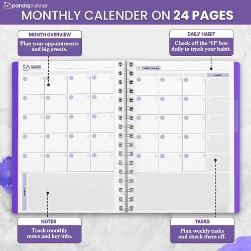 Panda Planner Undated Weekly Planner - 52 Weeks, Habit Tracker & To-Do Lists | 5.75" x 8.25" - Purple