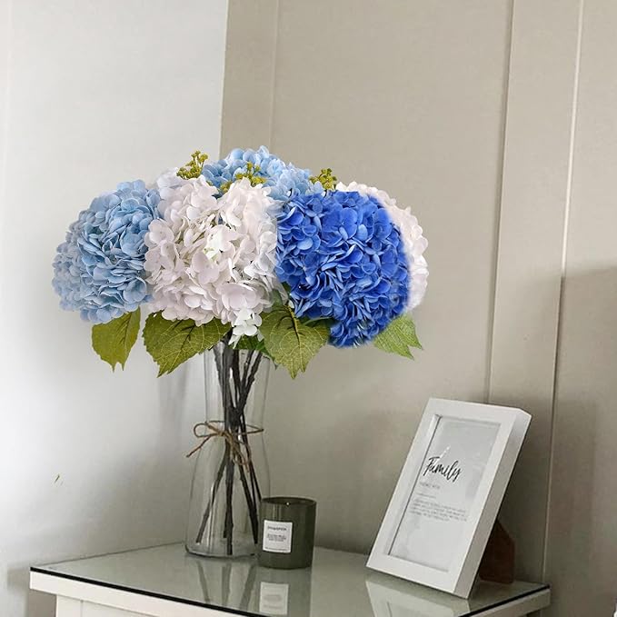 Blue/White Artificial Hydrangeas Silk Flowers, 4Pcs Large Latex Real Touch Lifelike Hydrangea Artificial Flowers,Faux Flowers Bouquet for Halloween Fall Wedding Outdoor Kitchen Table Home