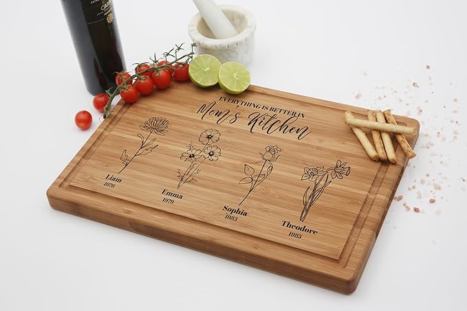 Personalized Birth Flower Cutting Board, Mom or Grandma, Custom Mom Gifts for Christmas, Mother’s Day, Birthday from Daughter, Son, Grandkids, Personalized Birth Month Flower Mothers Garden Gifts