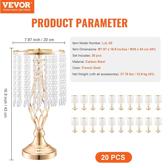 VEVOR 20PCS 43cm/16.9” Tall Crystal Wedding Flower Stand, Metal Wedding Centerpiece Vase, Gold Flower Holders Floral Display Rack for Tables Wedding Dinner Party, Ceremony Birthday Event Decor