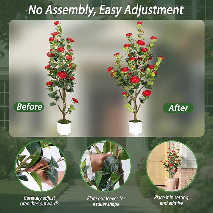 Artificial Camellia Tree 4FT – Nearly Natural Faux Plants Indoor, with Easy Assembly, Low Maintenance, Ideal for Both Indoor Decoration and Other Purposes，Perfect Porch Christmas Trees (White 4ft x2)