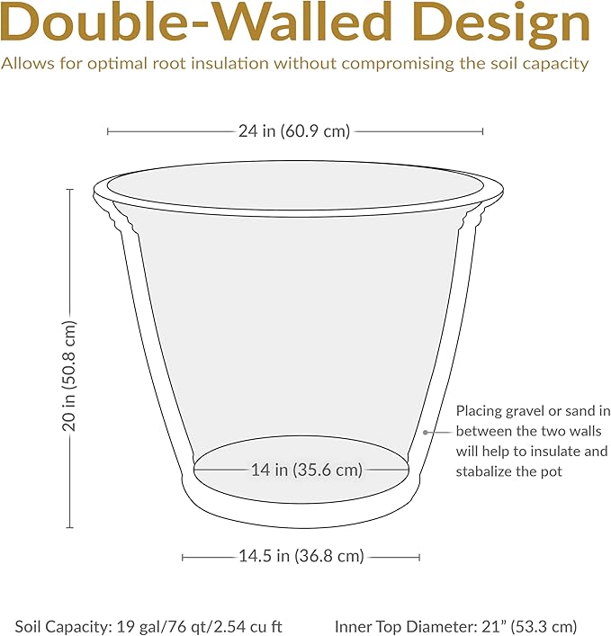 Sunnydaze 24-Inch Anjelica Large Plastic Pot for Plants - Double-Walled Outdoor Polyresin Round Planter Porch Pot with Drillable Drainage Holes - Sable