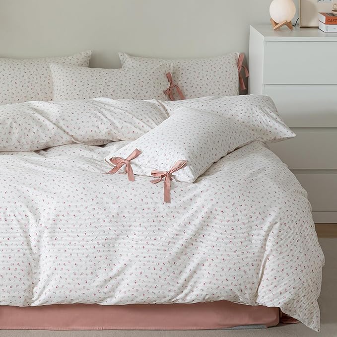 HighBuy Botanical Floral Comforter Set Full Size Cozy Comforter Set for Full Bed with 2 Bowknot Bow Tie Pillowcases Pink Flower Garden Coquette Bedding Comforter Sets for Women Girl Bed Set