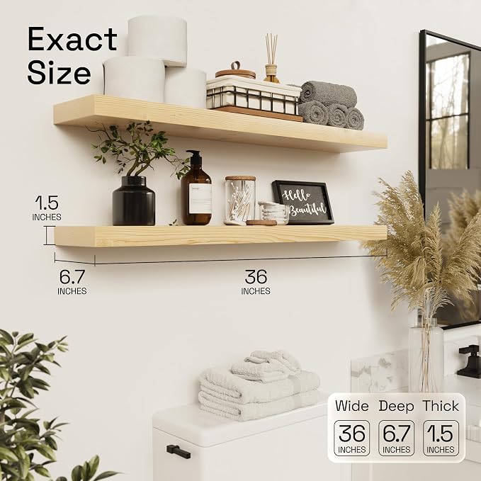 BAOBAB WORKSHOP Wood Floating Shelves for Bathroom Wall - Long Shelf 36 inch - Floating Wooden Shelves for Bedroom Kitchen Living Room - Natural Wood Shelves, 36 x 6.7 Inch, Set of 2