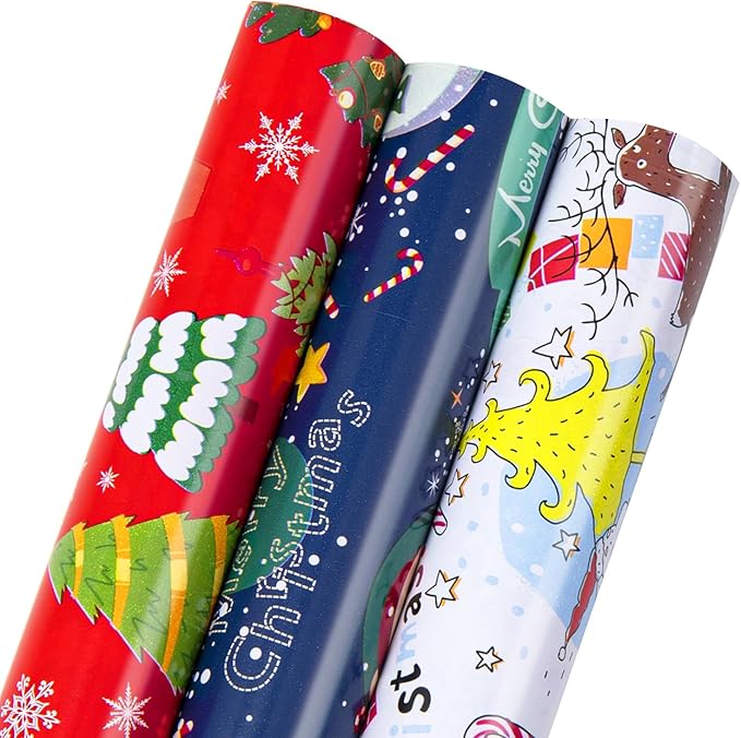 Linnoptimix Christmas Wrapping Paper Rolls -3 LARGE ROLL-27inch*78 inch per roll Colorful Foil Red White Blue wrapping paper(Christmas White/Red/Blue（005）)