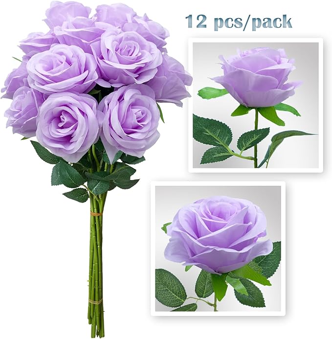 12 PCS Rose Artificial Silk Flowers, Fake Roses with Long Stems Realistic Faux Rose Flower Bouquets for Home Wedding Decoration Party