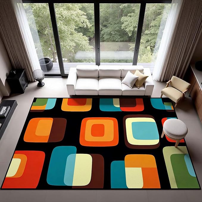 Mid Century Modern Rug, Colorful Abstract Geometric Area Rug, Retro Atomic Starburst Rugs, Washable Non-Slip Soft Low Pile 1950s Carpet for Living Room, Bedroom (7' x 10'(Rectangular))