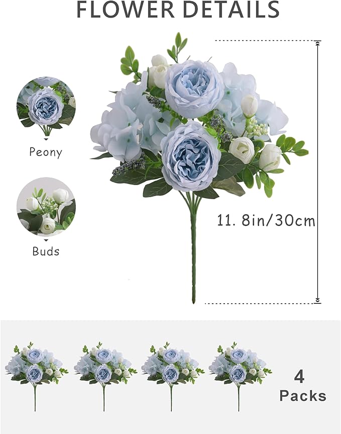 4 Bunches Peonies Artificial Flowers, Silk Peonies Flowers Fake Bouquet Faux Floral Arrangements for Centerpiece Table Wedding Party Home Decor (4, Blue White)