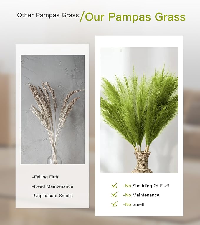 9 Pcs 45" Tall Pampas Grass Green Decor, Long Stem Artificial Flower Floor Vase Large Faux Floral Pompas Fake Plants Dried Bouquet Arrangement Vase Filler for Boho Home Wedding Decoration