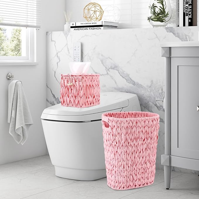 Bathroom Accessories Set, 25PCS Wicker Bathroom Accessory Set with Shower Curtain, Bath Mat, Soap Dispenser, Handwoven Trash Can & Rattan Tissue Box (Pink, Bath Set+Shower Curtain+Rugs)