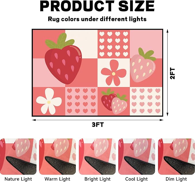 Strawberry Checkered Rug Cute Red Area Rug Love Flower Washable Carpet for Entryway Bedroom Living Room Kitchen Nursery Home Decor Soft Non Slip Floor Mat，2'x3'
