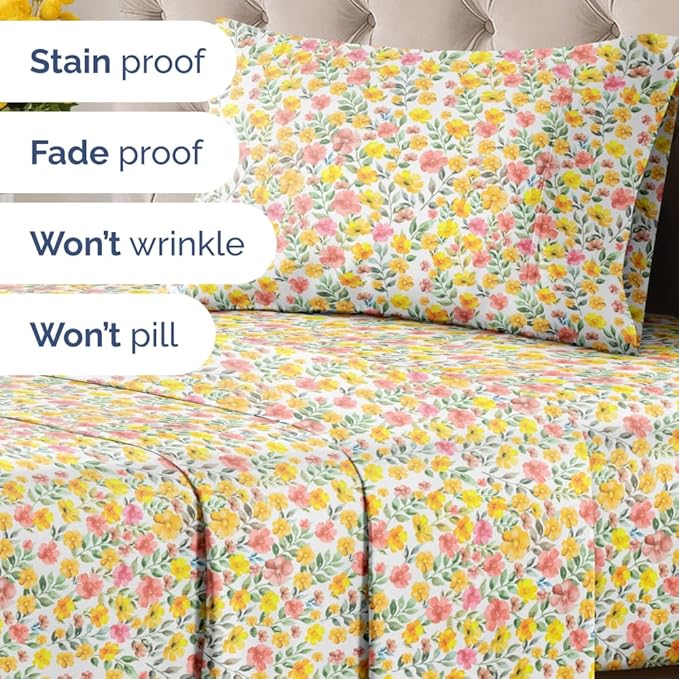 Floral Sheets - Watercolor Floral Bed Sheet Set - 1 Flat, 1 Fitted & 1 Pillowcase w/ Deep Pockets - Comfy, Wrinkle & Fade Free Boho Botanical Bedding - Ultra-Soft, Breathable & Cooling - Twin Size New