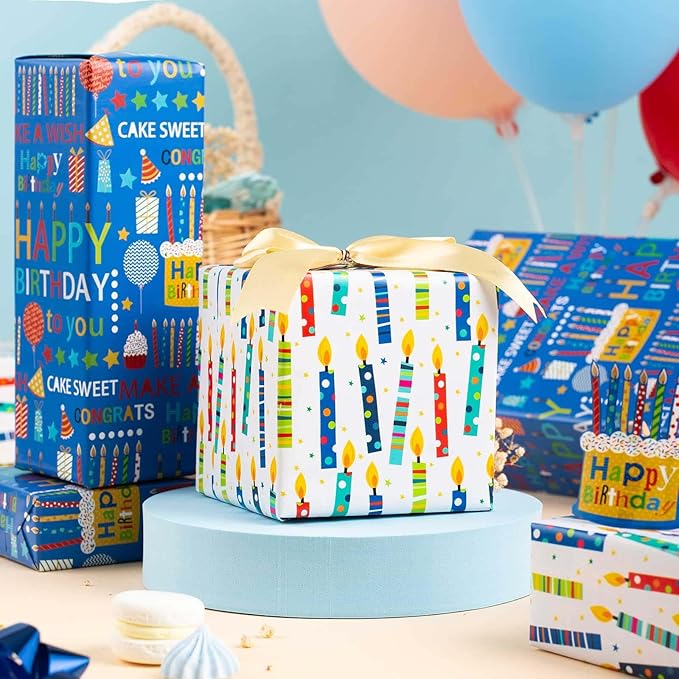 Homeral Blue Birthday Wrapping Paper Roll - 17 Inch x 16.5 Feet, Reversible Happy Birthday Lettering & Colorful Candles Gift wrapping paper for Boy Baby Shower, Party, Holiday