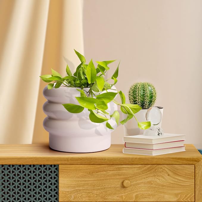 Tiered Bubble Ceramic Plant Pot, Creamy White 6 Inch Ceramic Planter with Drainage Holes, Flower Pot with Mesh Pad, Rubber Plugs, Plante Pots for Indoor Plants Outdoor, Modern Décor