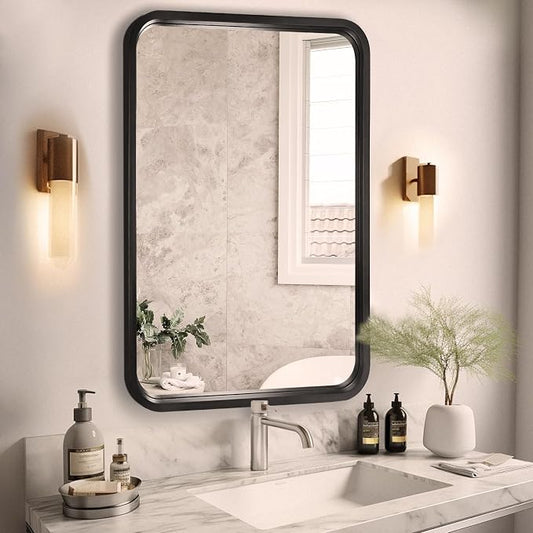 WallBeyond 20x30 Inch Wood Mirror for Bathroom, Wooden Frame Wall Mirror Farmhouse Wall Mounted Rectangle Mirror for Vanity (Horizontal/Vertical Black Color)