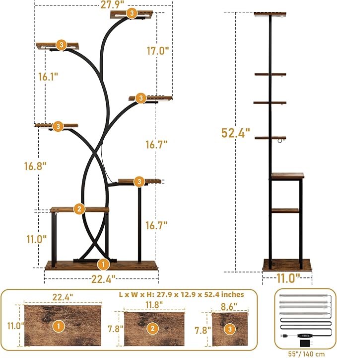 HAVLOTII Indoor Plant Stand with 4 Grow Lights - 7 Tiered Plant Shelf for Indoor Plants, 52" Metal Corner Plant Shelves for Indoor Growing - Lighted Plant Holders for Patio, Room, Home and Balcony
