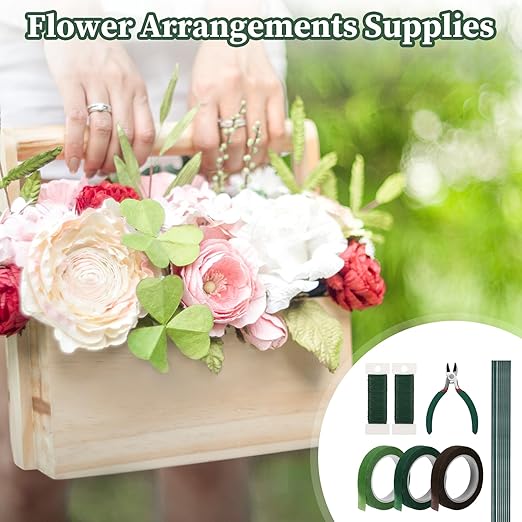 Flower Arrangements Supplies Kit with Floral Tape, 22 Gauge Floral Wire, 26 Gauge Flower Stems, Wire Cutter, Bouquet Accessories for Wreath, Christmas Tree, DIY Craft