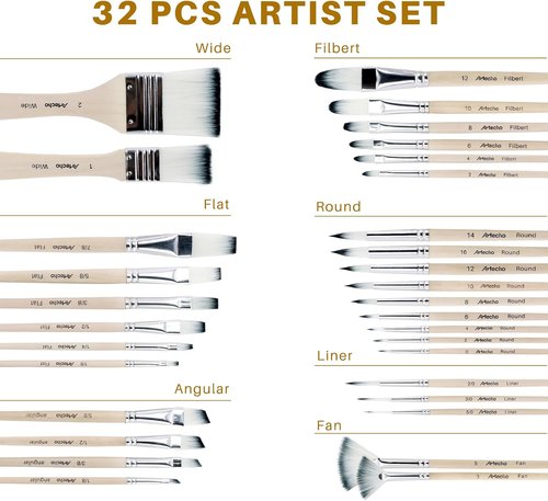 Artecho 32 PCS Paint Brushes - Versatile Set for Acrylic, Oil, Watercolor & Gouache Painting