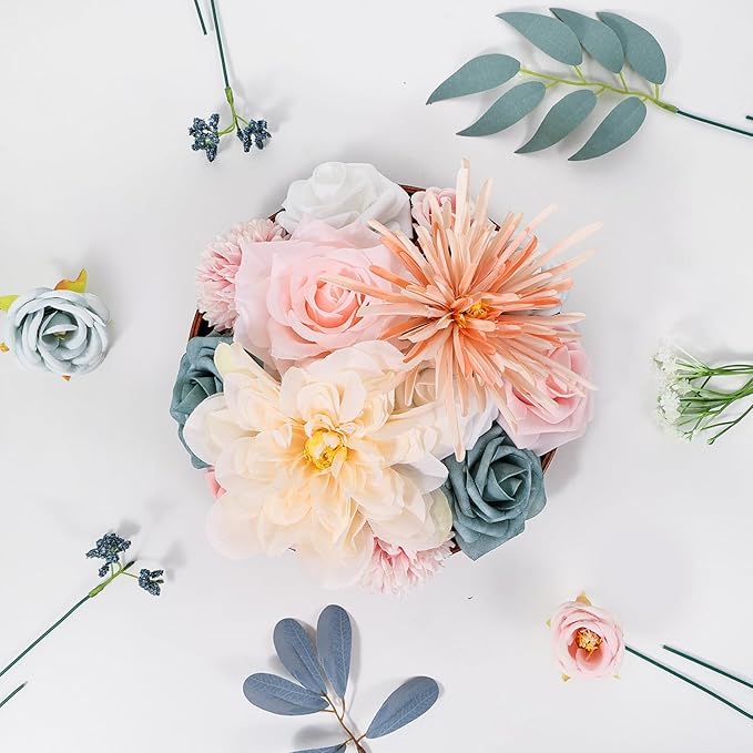 Artificial Flowers Combo Box Dusty Blue Pink Artificial Flowers for DIY Tables Centerpieces Baby Shower Bridal Shower Wedding Bouquet Party Decor