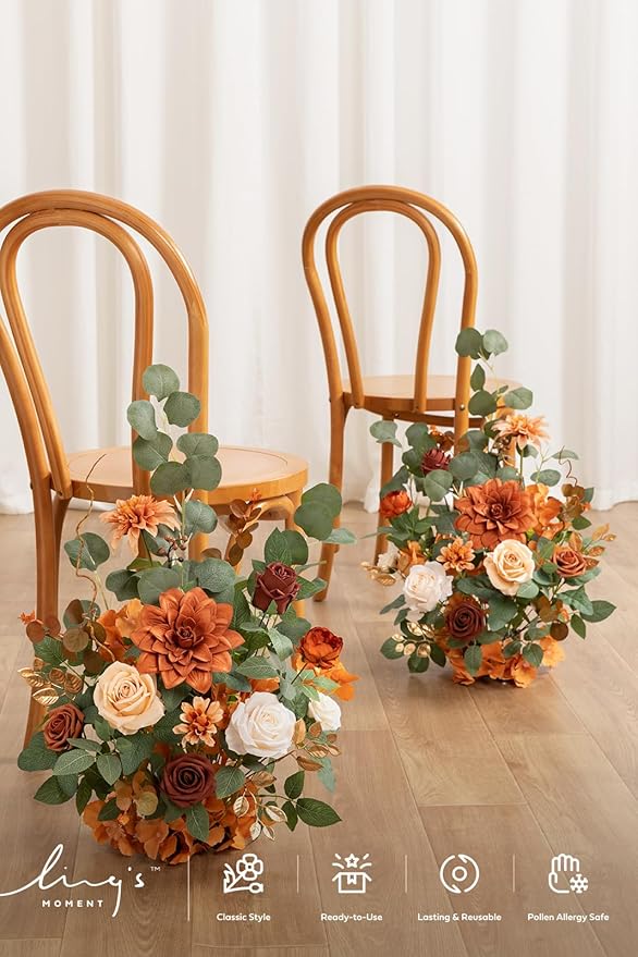 Ling's moment 17.5" Tall Standing Artificial Flowers Arrangements 2 pcs Wedding Aisle Runner Chair Decorations Terracotta & Burnt Orange Centerpieces for Ceremony Reception Rose Floral Party Outdoor