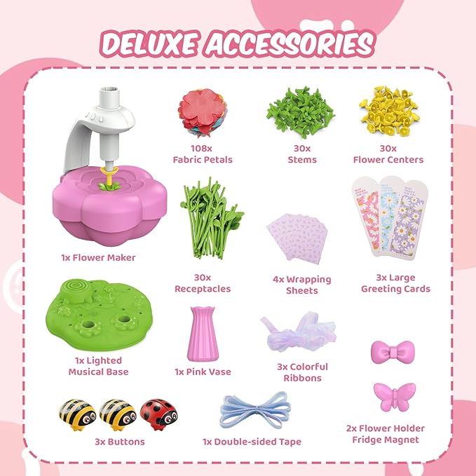 Fabric Flower Bouquets Toys with Light & Music, Deluxe DIY Arts and Crafts Kits for Kids 4-10 Year Old with Ribbons, Fridge Magnets, Greeting Cards, Birthday Gifts for Age 4 5 6 7 8 9 10 Girls (Pink)
