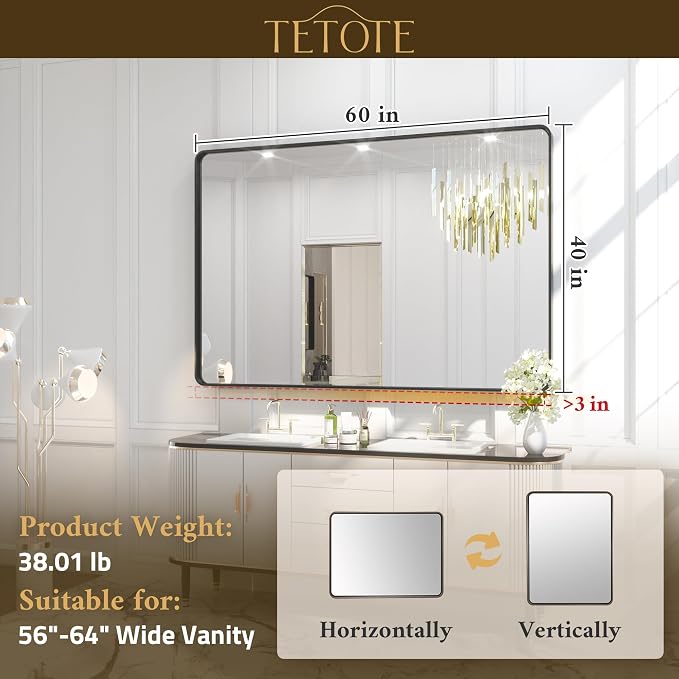 TETOTE 60 x 40 Inch Black Frame Mirror, Bathroom Vanity Mirror for Wall, Modern Rectangle Round Corner Matte Framed Mirror (Horizontal/Vertical)