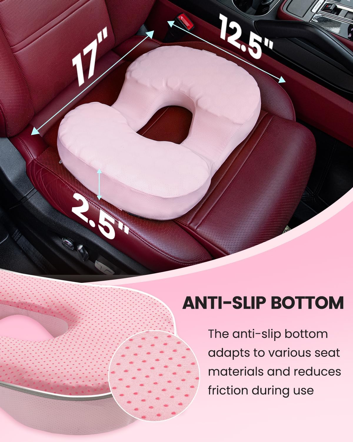 Skiennix Portable Donut Pillow - Memory Foam Tailbone Cushion with Non-Slip Cover | Pink for Pain Relief