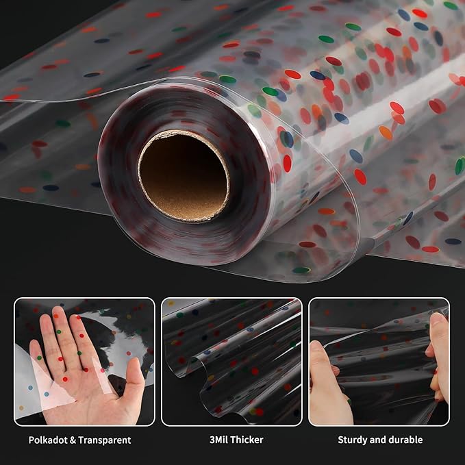 Clear Cellophane Wrap Roll, 100 Ft x 34 In Colourful Dot Florist Paper Wrapper, Transparent 3Mil Thicker Cellophane Roll, Gift Baskets Wrap Cellophane Film for Gifts, Flowers, Christmas Wrapping