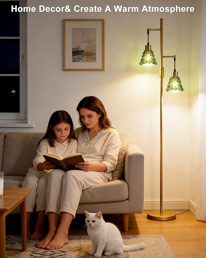 Lightdot 65IN Glass Floor Lamp for Living Room, 2- Light Gold Floor Lamps with Green Glass Shade& Warm White Bulbs, Modern Standing Tall Lamp with 5Lbs Heavy Base for Bedroom/Corner Beside/Home Decor