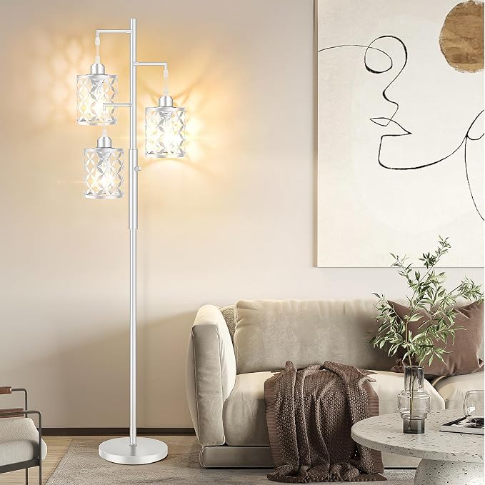Dimmable Floor Lamp, Farmhouse Standing Lamp with Elegant Metal Cages, Industrial Tall Tree Floor Lamps for Living Room, Bedroom, Study Room, Office, 2000LM LED Bulbs Included -68", Silver