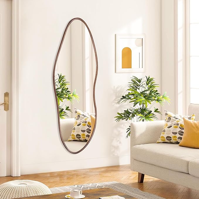 Irregular Full Length Mirror 64"x21", Cloud-Shaped Design with Rounded Oak Hardwood Frame in Black Walnut, Asymmetrical Wall Mirror for Bedroom,Living Room,Cloakroom,Horizontal/Vertical